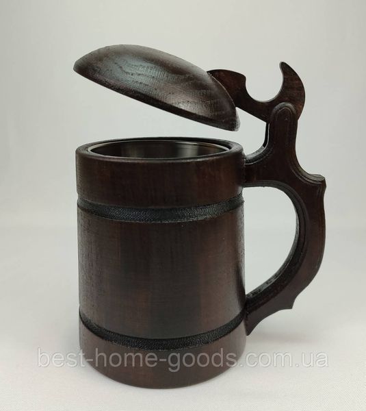 Дерев'яний пивний кухоль з металевою вставкою та кришкою ручної роботи 0.5 л | Кружка для пива з карпатського дерева 1026 фото