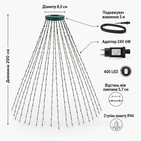 Світлодіодна гірлянда-ялинка 2 м 400 LED | тепле жовте світло | 220 В, 8 режимів, кільцеве кріплення 3081 фото
