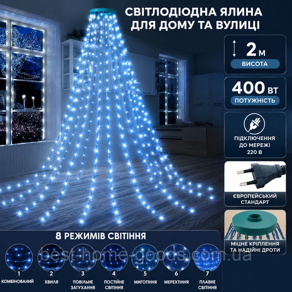 Світлодіодна гірлянда-ялинка 2 м 400 LED | холодне біле світло | 220 В, 8 режимів, кільцеве кріплення 3082 фото