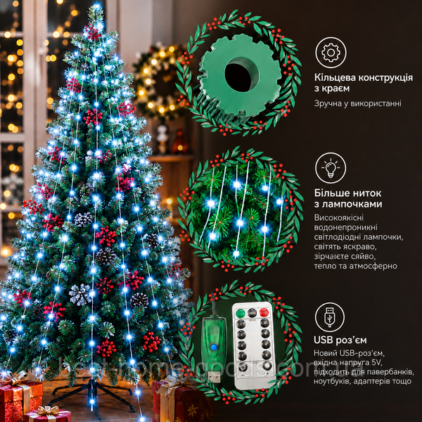 Світлодіодна гірлянда-ялинка 2 м 400 LED | холодне біле світло | USB, пульт, 8 режимів, кільцеве кріплення 3084 фото