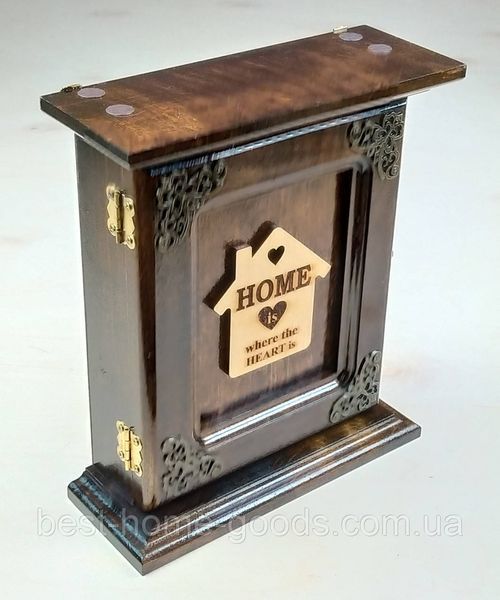 Ключниця настінна дерев&rsquo;яна ручної роботи &ldquo;Home&rdquo; з дверцятами | Дерев&rsquo;яний органайзер на 6 гачків | Стильна ключниця для дому 1324 фото