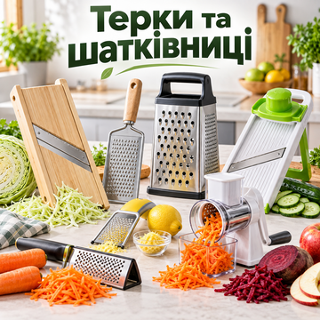 Терки, шатківниці для кухні дерев'яні, металеві та пластик